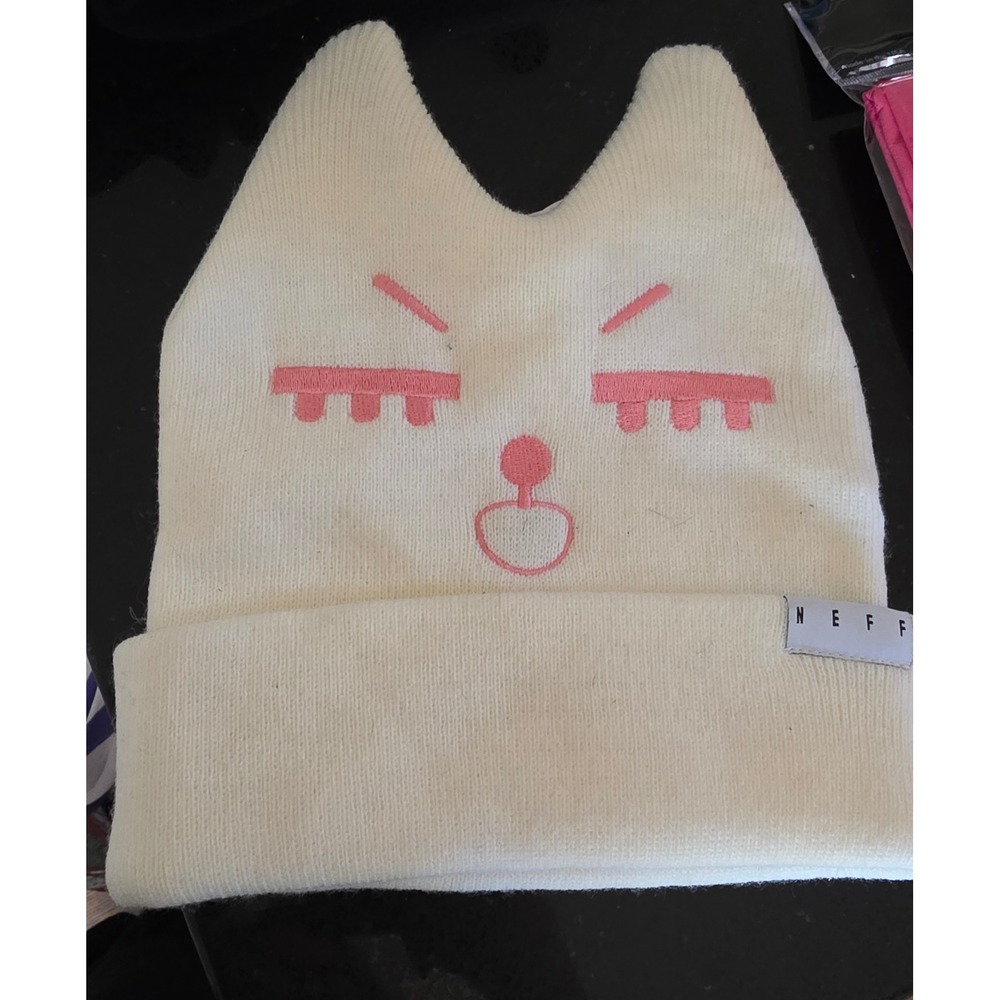 Neff Kitty Beanie White Pink Embroidered Cat Ear Knit Hat Zumiez N03NGHBZU